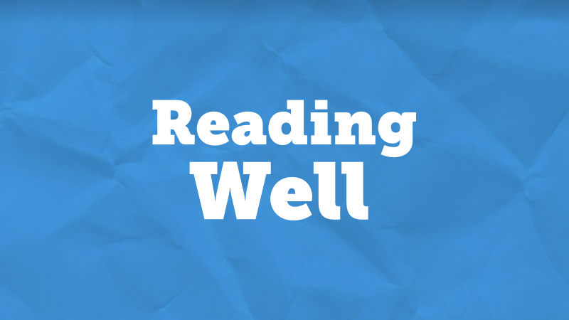 A graphic with crumpled blue paper as the background. In the middle it reads, 'Reading Well'.