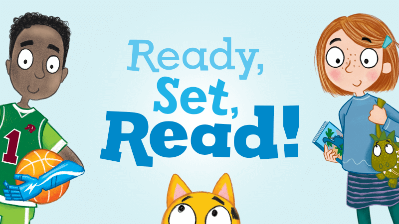 A graphic reads 'Ready, Set. Read!'. There are illustrations of children on either sides of the words, and an illustration of a cat underneath the words.